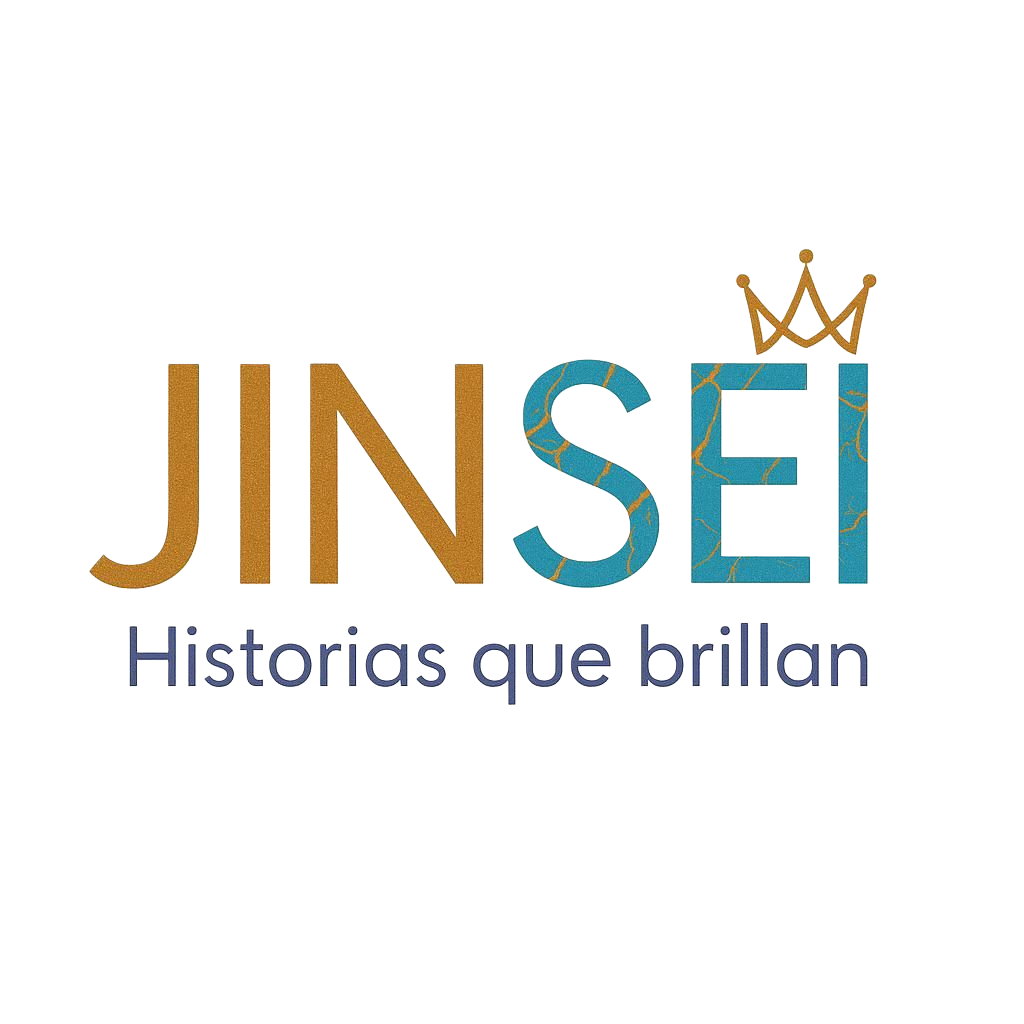 Jinsei: Historias que brillan. Logo original en dorado y turquesa.